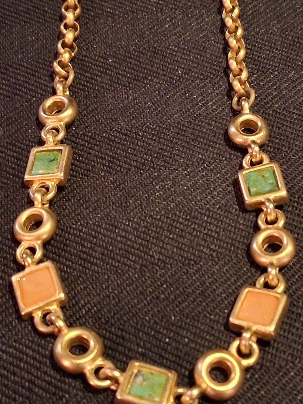 Gold-Tone Necklace with Green and Peach Square Accents